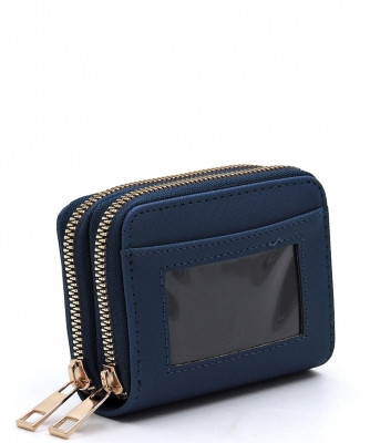 Saffiano Accordion Card Holder Double Zip Wallet SA014 NAVY